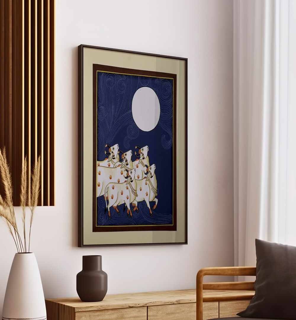 PICHWAI PAINTINGS III, INDIAN ART PAINTINGS feature serene cows under a glowing moon, enhancing your space's charm.
