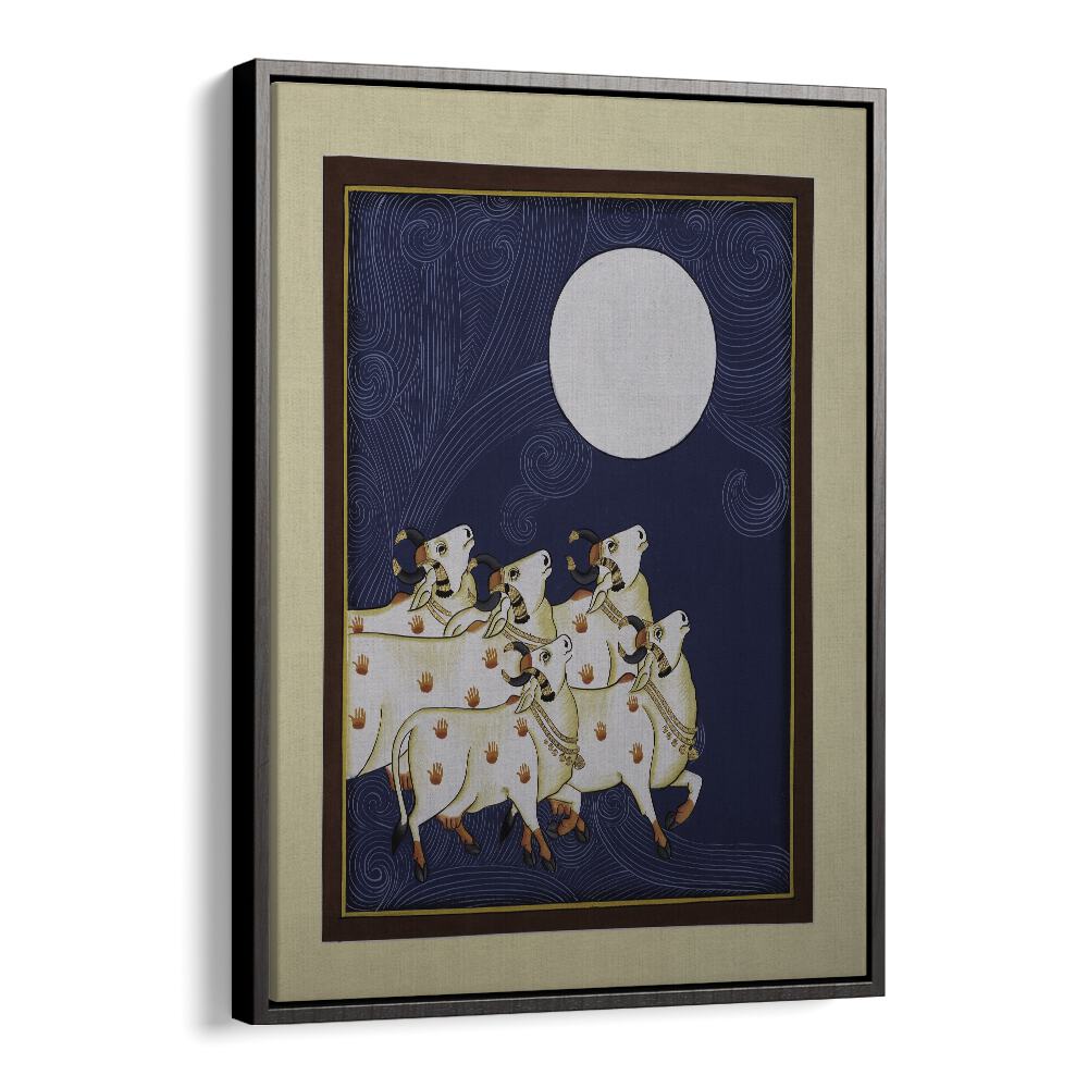 Framed PICHWAI PAINTINGS III, INDIAN ART PAINTINGS features gentle cows under a full moon, showcasing traditional beauty.