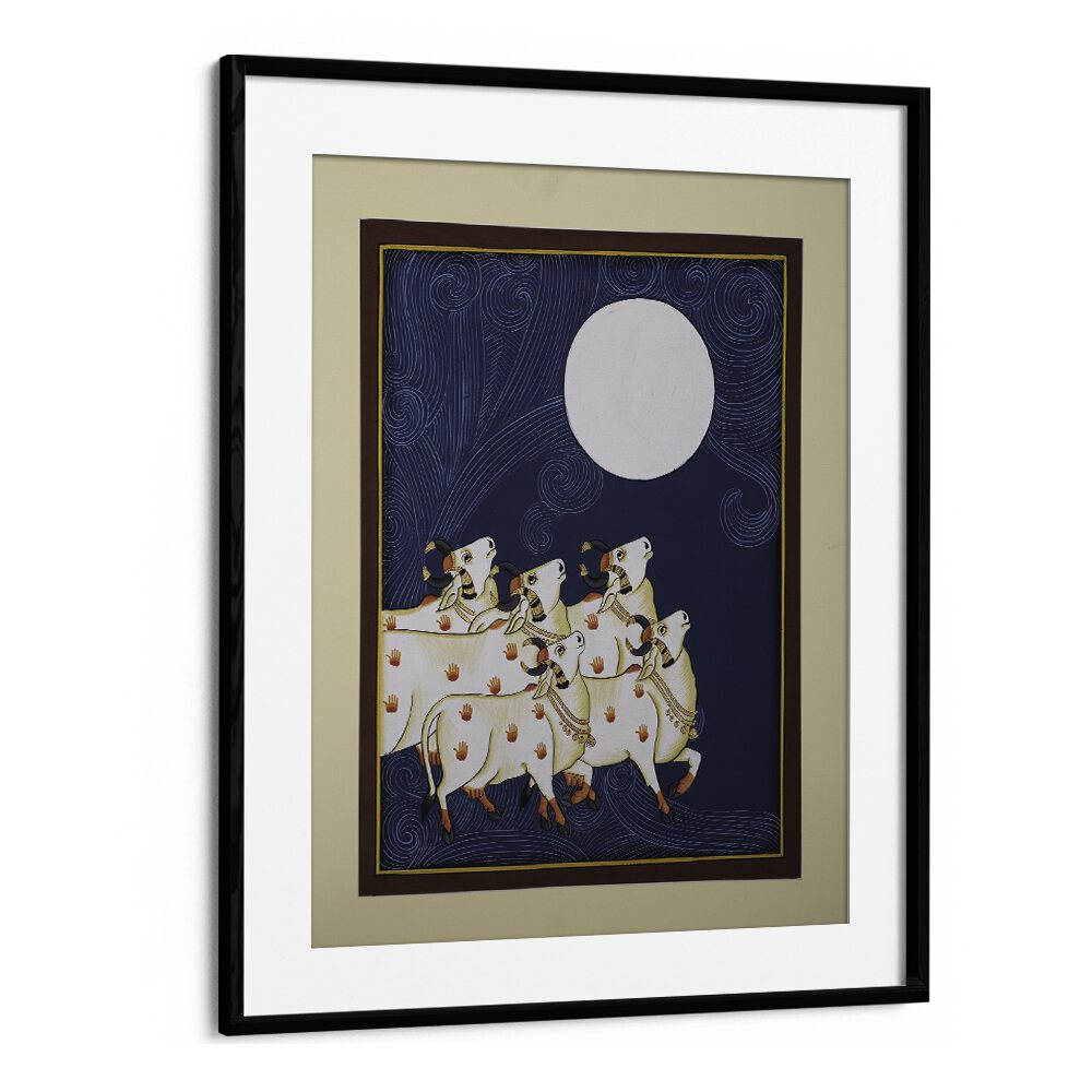 PICHWAI PAINTINGS III, INDIAN ART PAINTINGS feature five cows under a full moon, beautifully framed for your home.