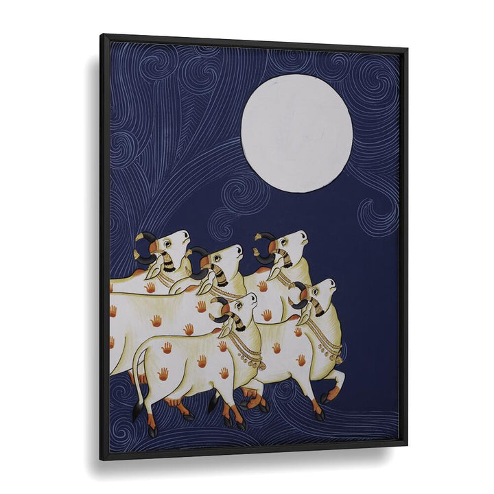 PICHWAI PAINTINGS III, INDIAN ART PAINTINGS display five cows under a full moon, capturing serene Indian artistry.
