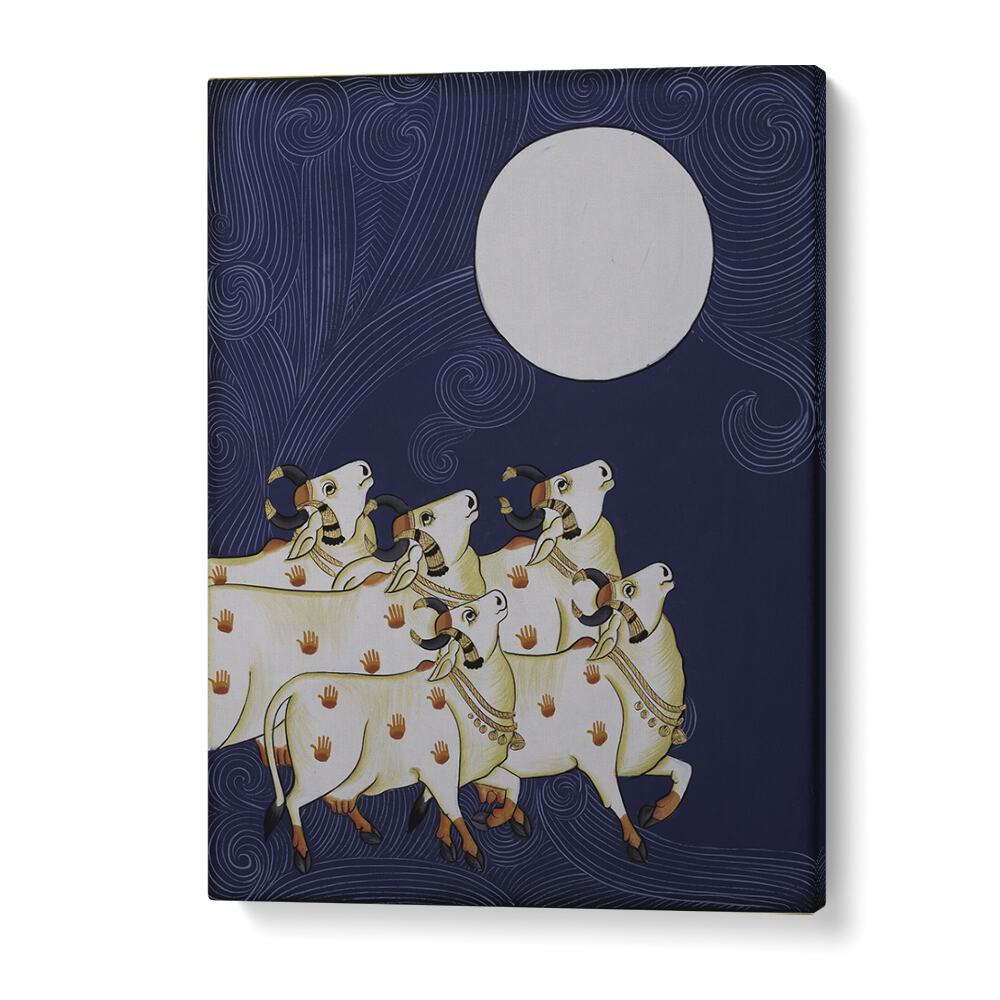 PICHWAI PAINTINGS III, INDIAN ART PAINTINGS feature serene cows under a full moon, showcasing traditional Indian art.