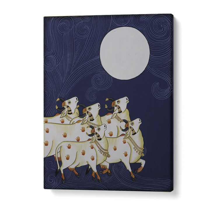 PICHWAI PAINTINGS III, INDIAN ART PAINTINGS feature serene cows under a full moon, showcasing traditional Indian art.