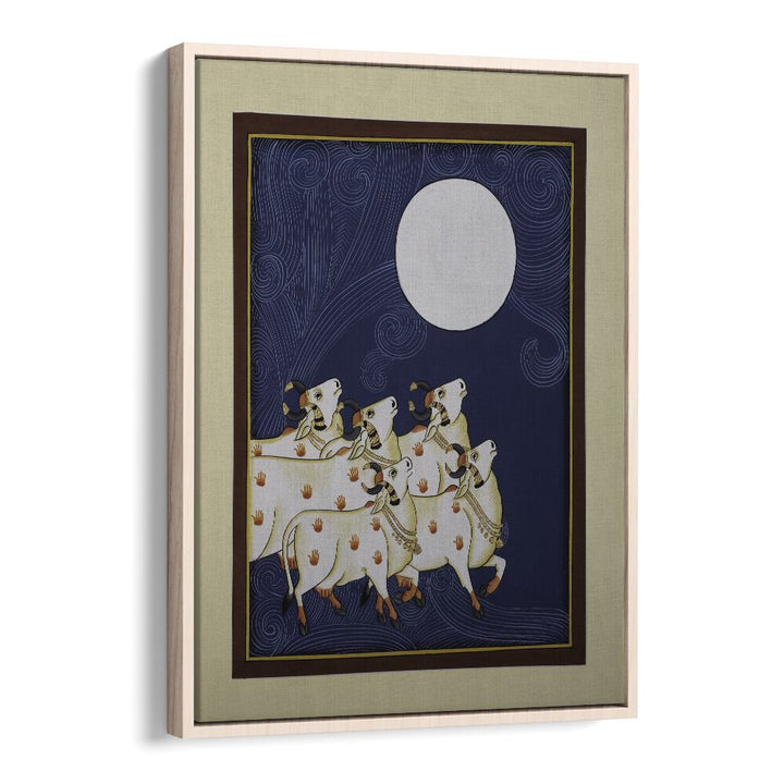 PICHWAI PAINTINGS III, INDIAN ART PAINTINGS featuring serene cows under a luminous moon in a stylish floater frame.