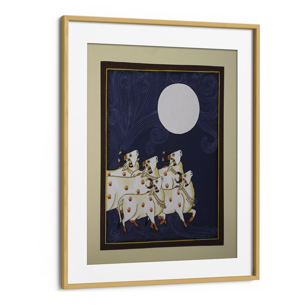 Framed PICHWAI PAINTINGS III, INDIAN ART PAINTINGS featuring serene cows under a full moon, showcasing traditional beauty.