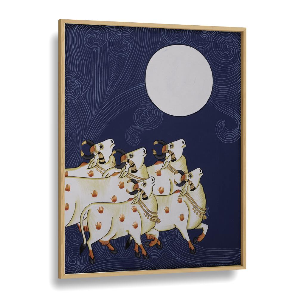 Elegant PICHWAI PAINTINGS III, INDIAN ART PAINTINGS depicting five serene cows under a luminous full moon.