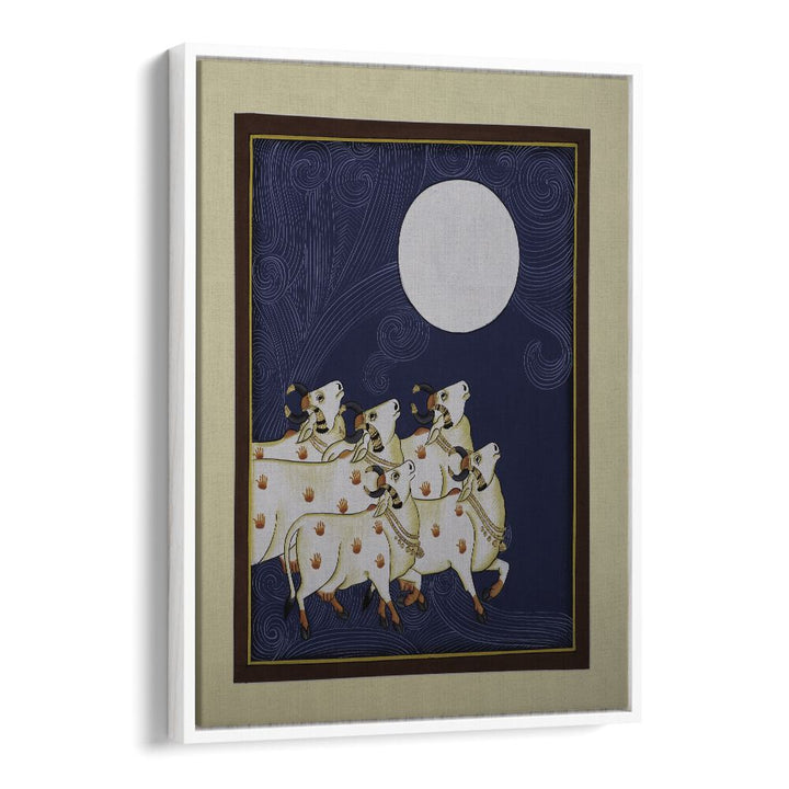 PICHWAI PAINTINGS III, INDIAN ART PAINTINGS features serene cows under a full moon, showcasing traditional Indian artistry.