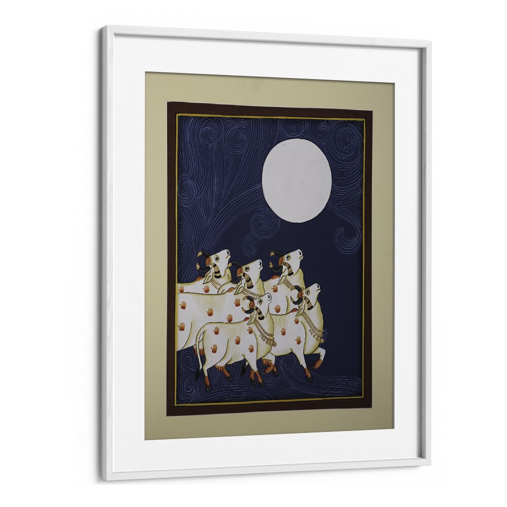 Framed PICHWAI PAINTINGS III, INDIAN ART PAINTINGS featuring five cows under a full moon, showcasing traditional beauty.