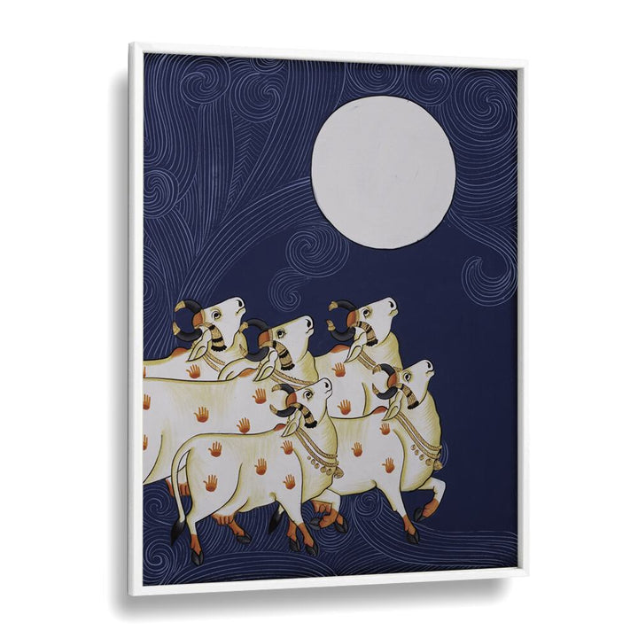 Framed PICHWAI PAINTINGS III, INDIAN ART PAINTINGS featuring serene cows under a full moon, perfect for any decor.