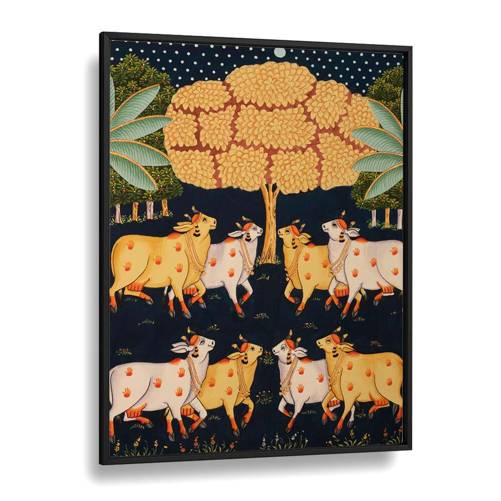 Vibrant PICHWAI PAINTINGS showcasing Indian culture, featuring cows and trees in a stylish frame, perfect for your decor.