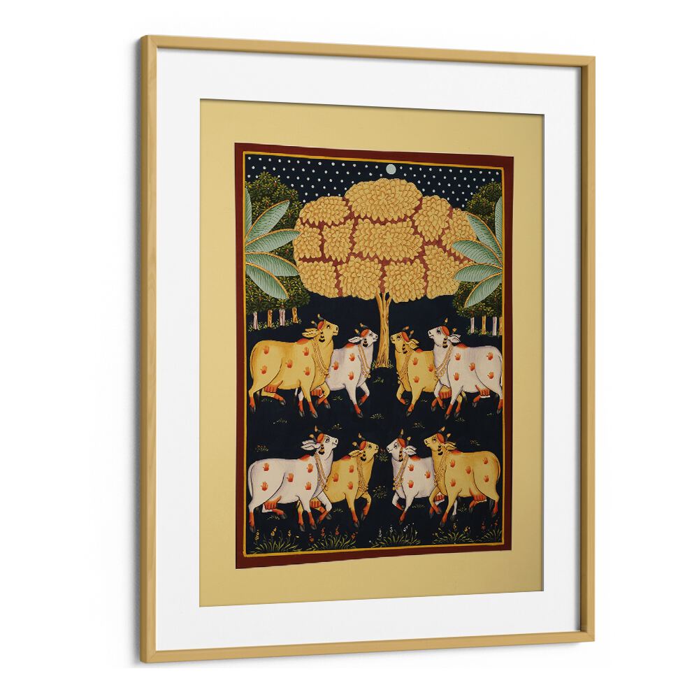 Vibrant PICHWAI PAINTINGS, INDIAN ART PAINTINGS showcasing cows and nature, framed elegantly for cultural immersion.