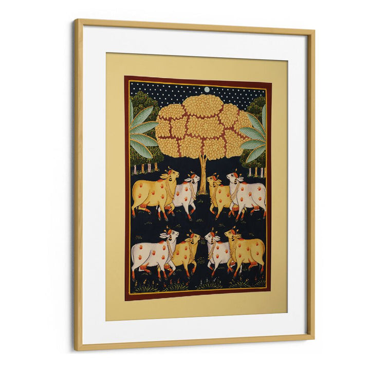 Vibrant PICHWAI PAINTINGS, INDIAN ART PAINTINGS showcasing cows and nature, framed elegantly for cultural immersion.