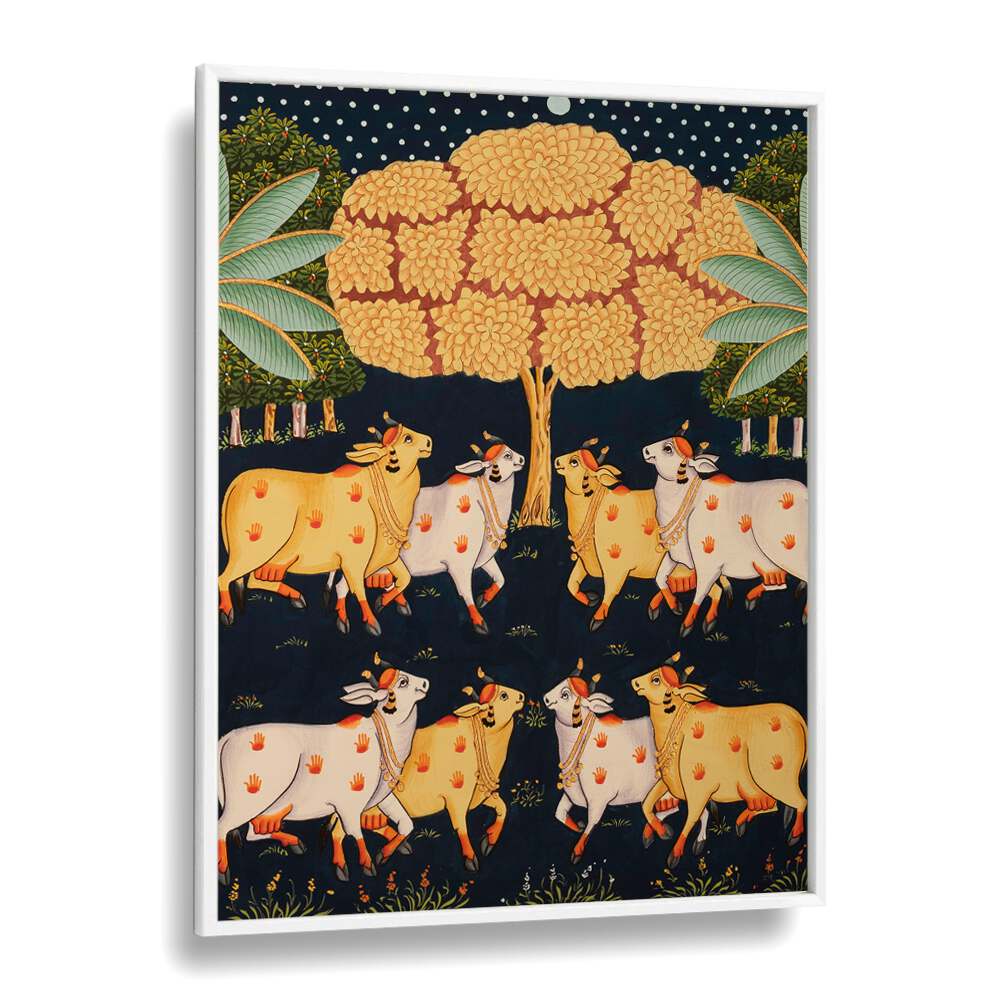 Vibrant PICHWAI PAINTINGS, showcasing Indian art with cows and trees, perfect for enhancing your decor.