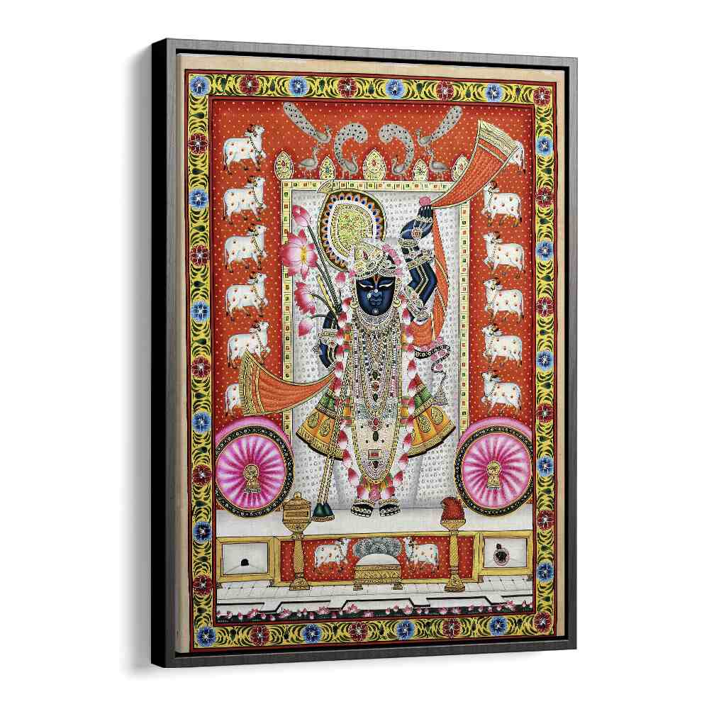 Vibrant PICHWAI PAINTINGS IV, INDIAN ART PAINTINGS framed beautifully, showcasing rich Indian culture and artistry.