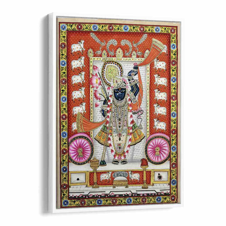 Vibrant PICHWAI PAINTINGS IV, INDIAN ART PAINTINGS showcasing intricate craftsmanship in a white floater frame.