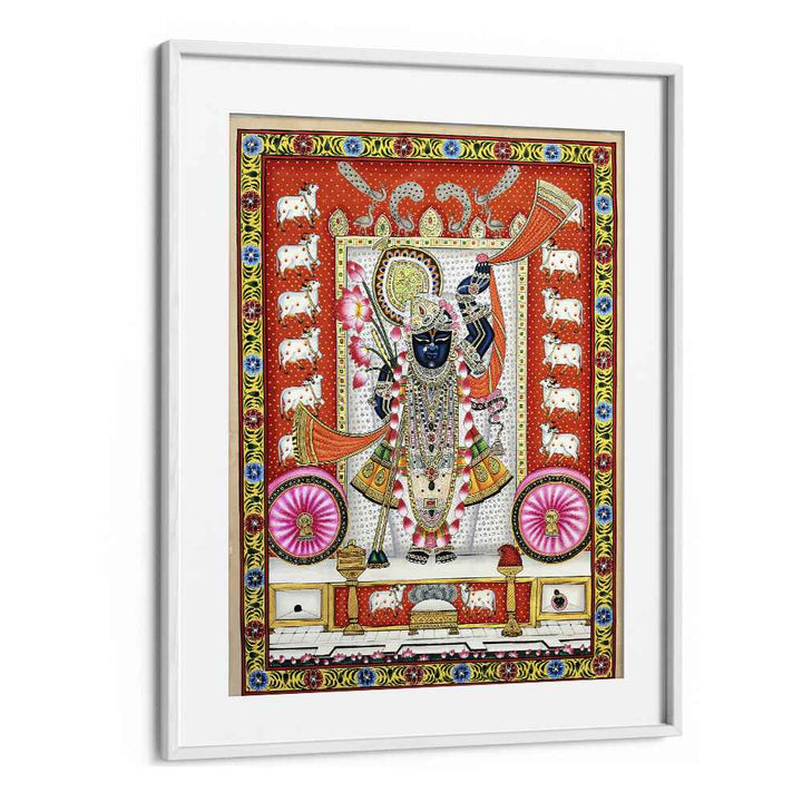 Vibrant PICHWAI PAINTINGS IV, INDIAN ART PAINTINGS showcasing rich culture in a stylish white frame for your decor.