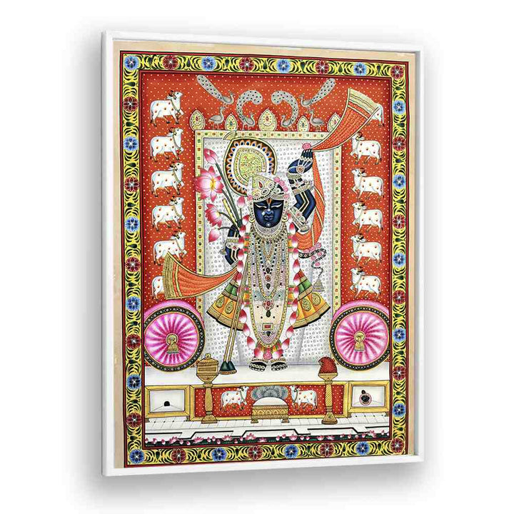 Vibrant PICHWAI PAINTINGS IV, INDIAN ART PAINTINGS showcasing intricate Indian culture in a classic white frame.