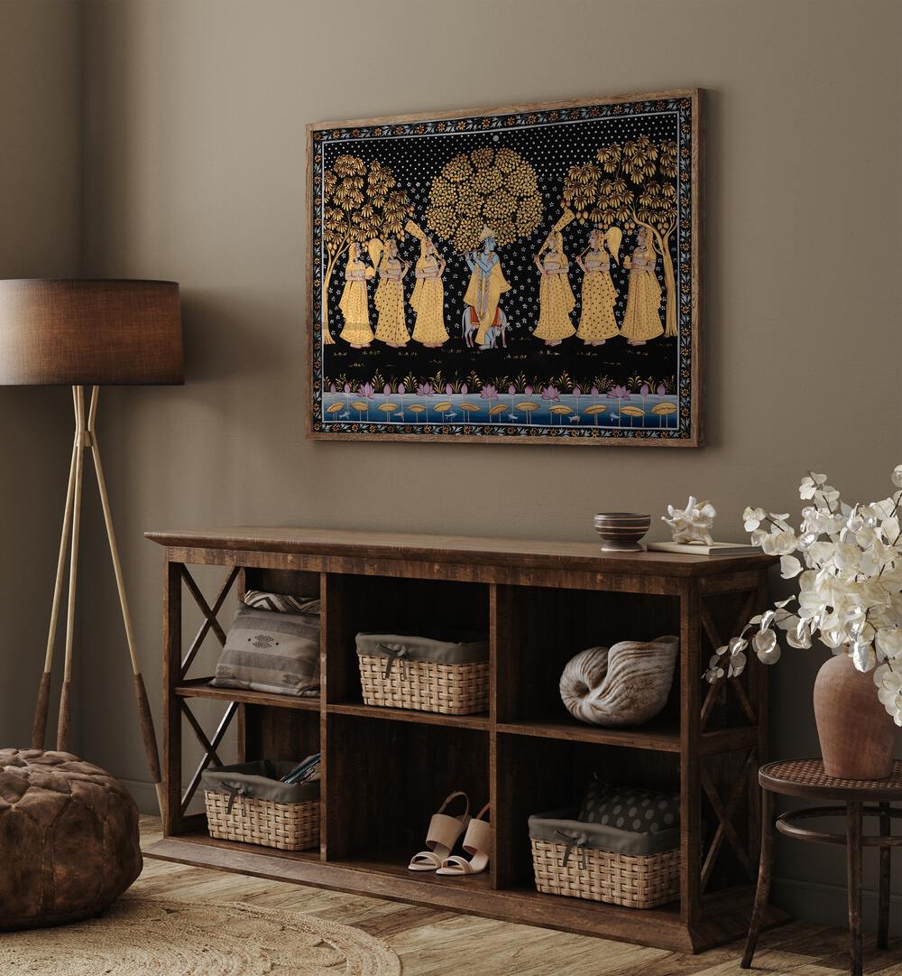 Explore the elegance of PICHWAI PAINTINGS V, INDIAN ART PAINTINGS, showcasing divine narratives in vibrant colors.