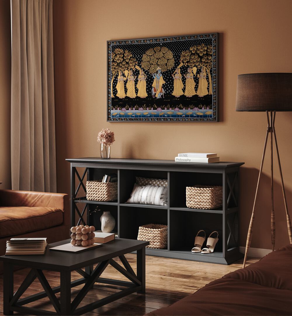 Vibrant PICHWAI PAINTINGS V, INDIAN ART PAINTINGS showcasing divine tales in a serene home setting.