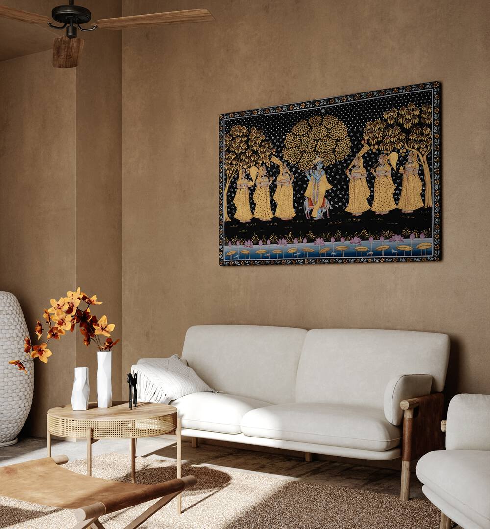 Elegant PICHWAI PAINTINGS V, INDIAN ART PAINTINGS adorn a cozy space, reflecting rich tradition and spirituality.