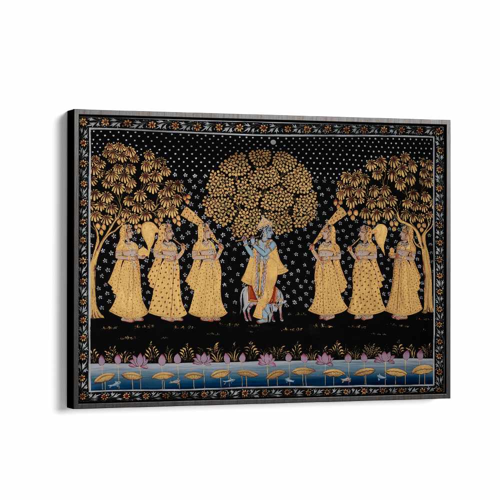 Vibrant PICHWAI PAINTINGS V, INDIAN ART PAINTINGS showcasing divine tales in a striking black floater frame.