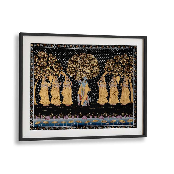 PICHWAI PAINTINGS V, INDIAN ART PAINTINGS showcase vibrant, traditional scenes honoring Lord Krishna, beautifully framed.