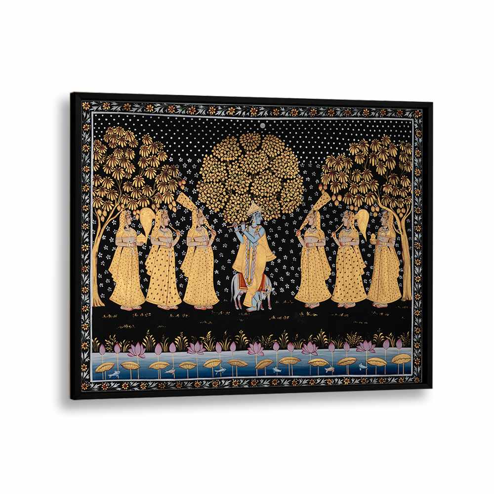 PICHWAI PAINTINGS V, INDIAN ART PAINTINGS showcase vibrant depictions of divine tales on a striking black background.