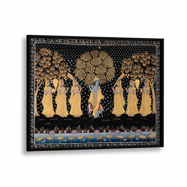 PICHWAI PAINTINGS V, INDIAN ART PAINTINGS showcase vibrant depictions of divine tales on a striking black background.