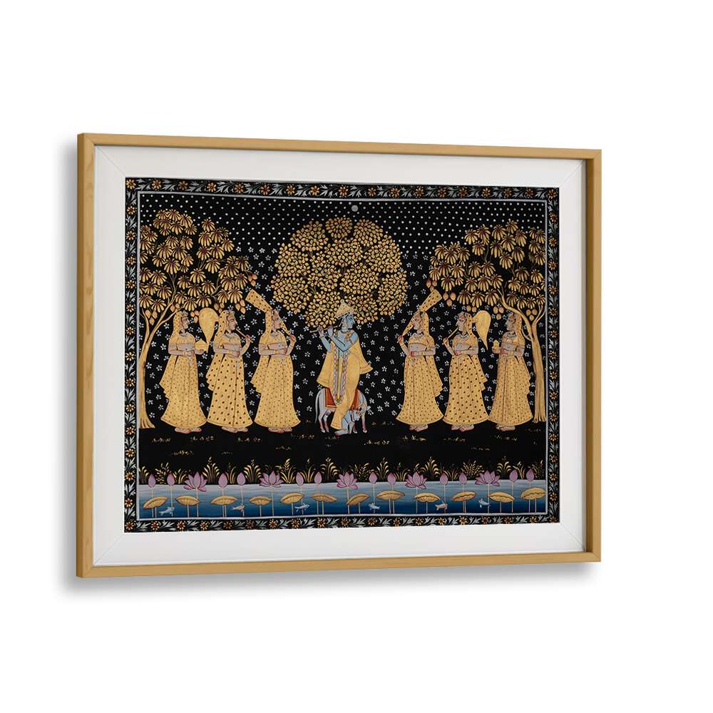 Vibrant PICHWAI PAINTINGS V, INDIAN ART PAINTINGS showcase divine tales, framed beautifully for your space.