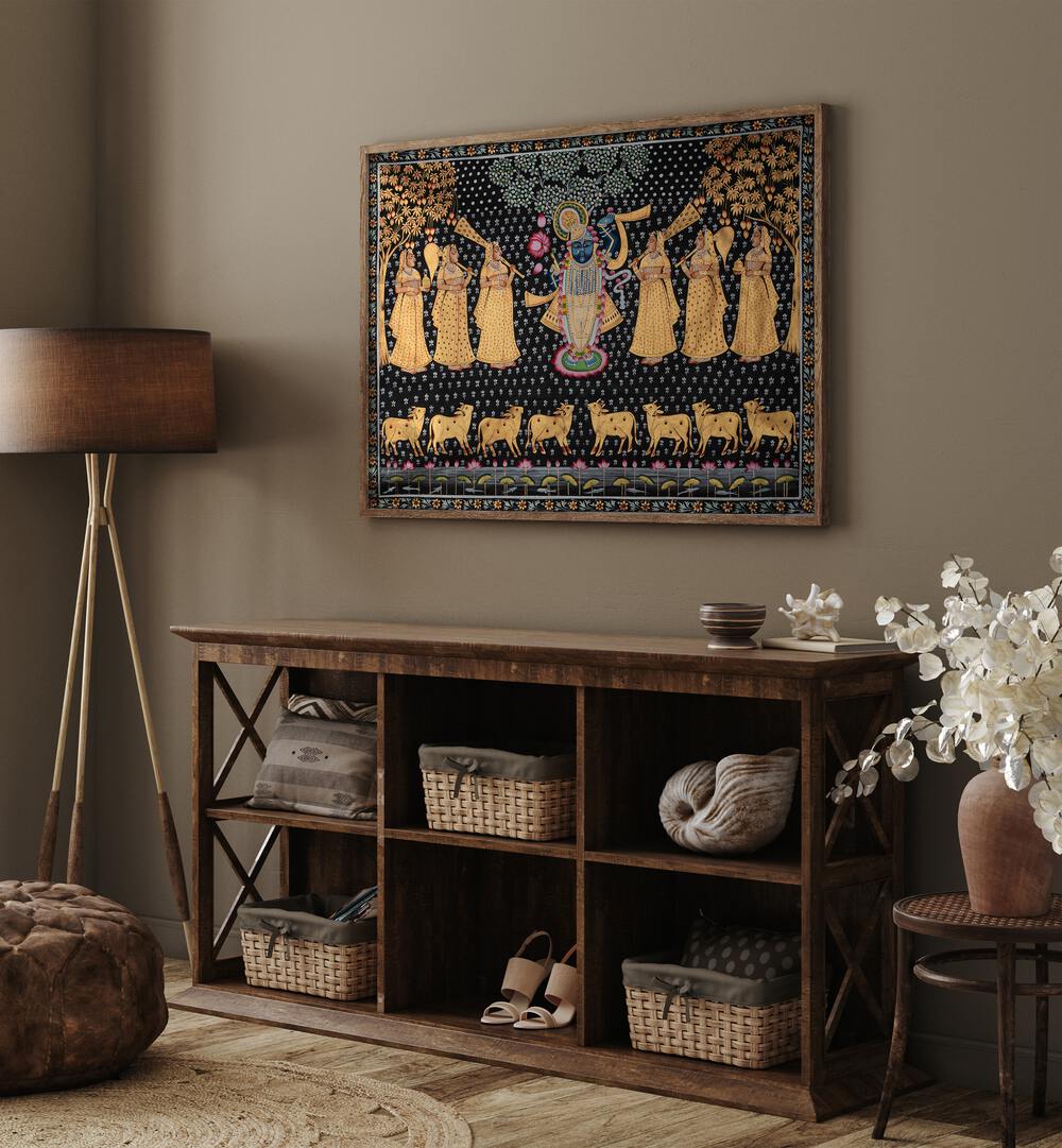 Vibrant PICHWAI PAINTINGS VII, INDIAN ART PAINTINGS showcasing rich traditions adorning a stylish interior.