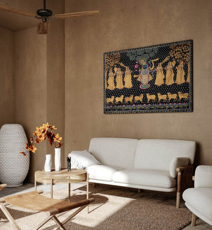 Vibrant PICHWAI PAINTINGS VII, INDIAN ART PAINTINGS adorns a stylish living space, celebrating Indian artistry.