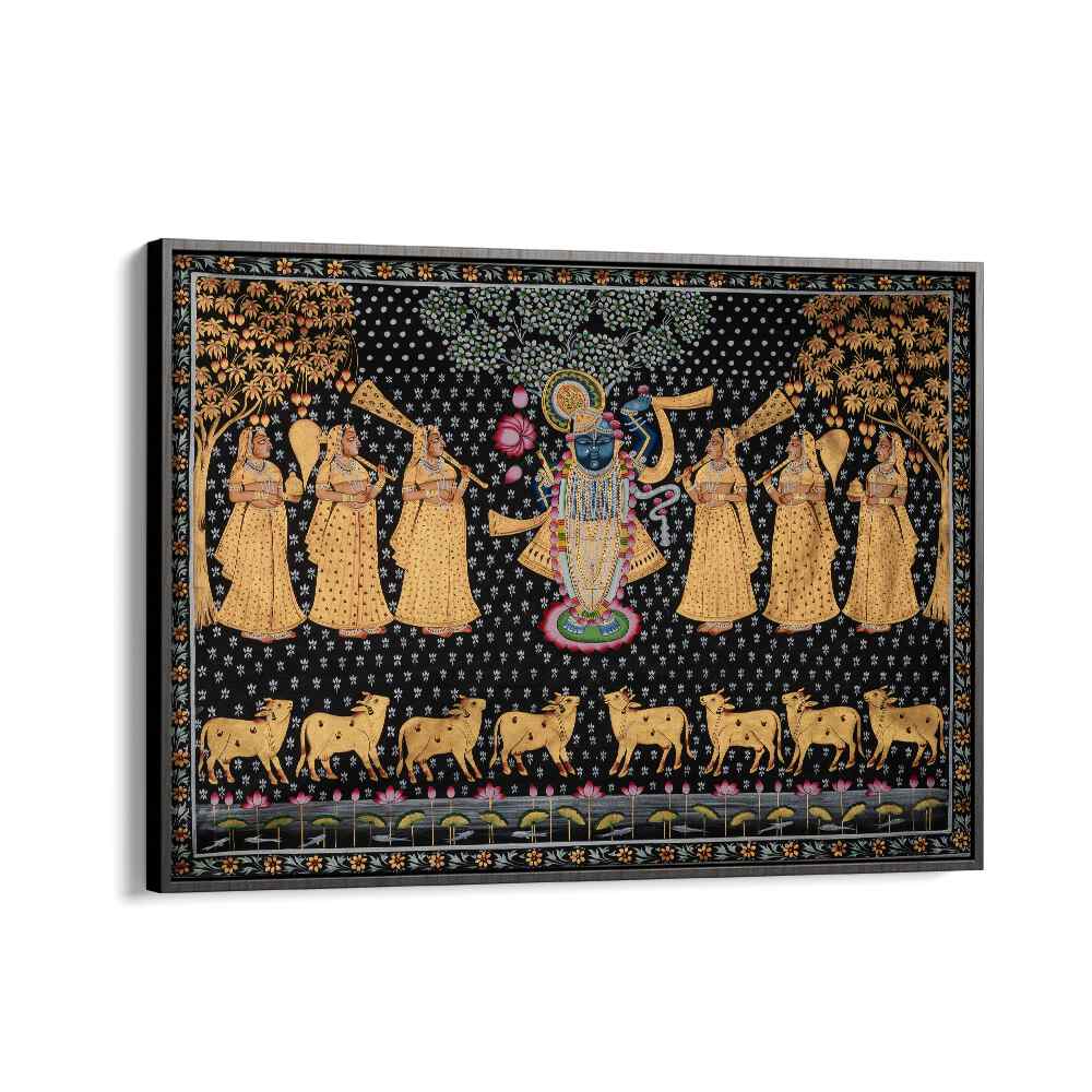 Vibrant PICHWAI PAINTINGS VII, INDIAN ART PAINTINGS showcasing divine themes in a stunning black floater frame.