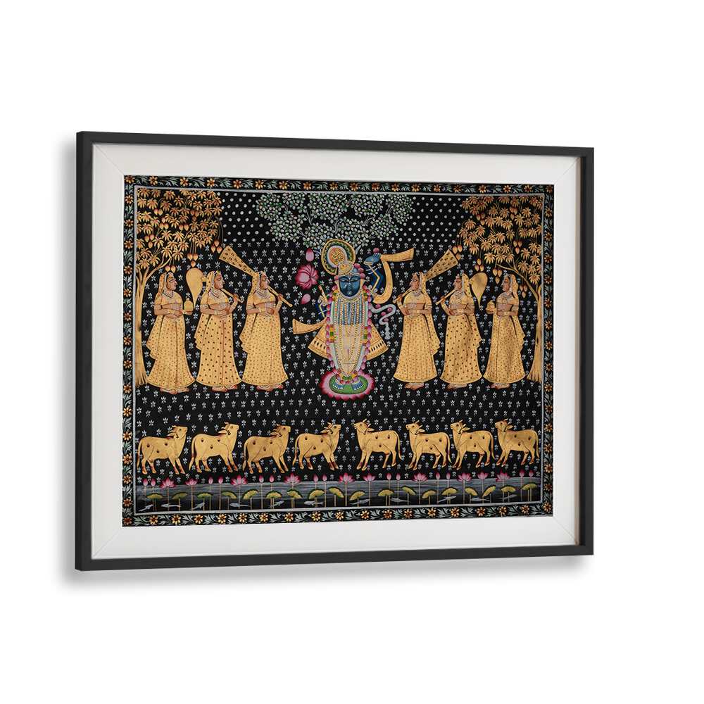 Vibrant PICHWAI PAINTINGS VII, INDIAN ART PAINTINGS in a black frame, showcasing rich Indian artistic traditions.