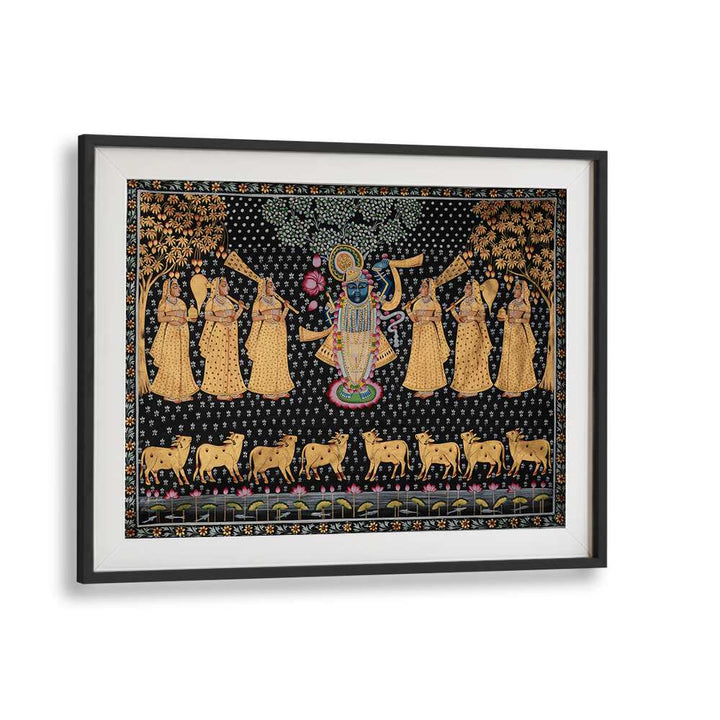 Vibrant PICHWAI PAINTINGS VII, INDIAN ART PAINTINGS in a black frame, showcasing rich Indian artistic traditions.