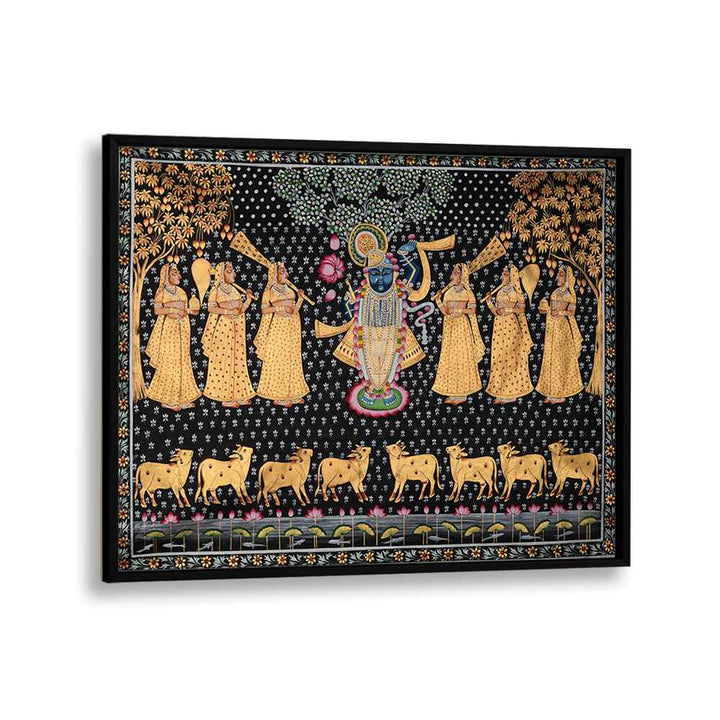 Vibrant PICHWAI PAINTINGS VII, INDIAN ART PAINTINGS showcase rich traditions of Indian artistry in a black frame.