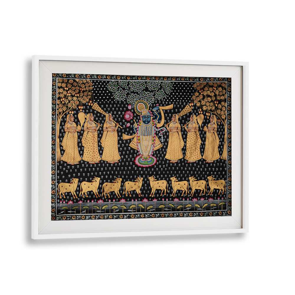 Vibrant PICHWAI PAINTINGS VII, INDIAN ART PAINTINGS in a white frame, showcasing rich Indian artistic traditions.