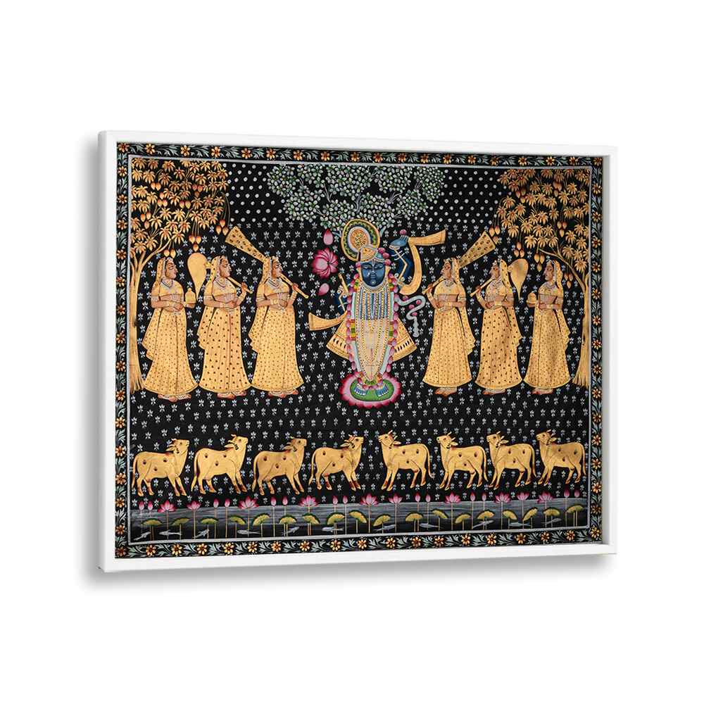 Vibrant PICHWAI PAINTINGS VII, INDIAN ART PAINTINGS showcasing rich Indian traditions and devotion in a framed design.