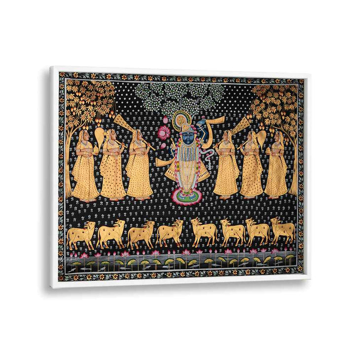 Vibrant PICHWAI PAINTINGS VII, INDIAN ART PAINTINGS showcasing rich Indian traditions and devotion in a framed design.