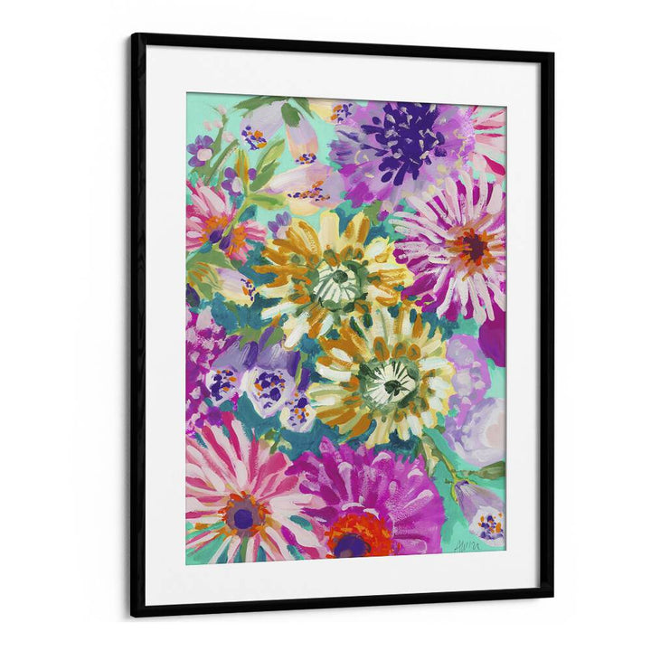 Pink Asters  Piglets By Ania Zwara Botanical Flower Paintings Artwork  in Black Frame With Mount