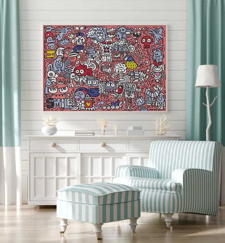 Vibrant PINK DOODLE, DOODLE ART PAINTINGS enhancing a stylish room, perfect for home or office decor.