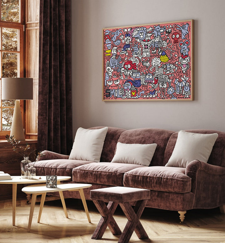 Vibrant PINK DOODLE, DOODLE ART PAINTINGS brighten this stylish living space, perfect for home or office decor.