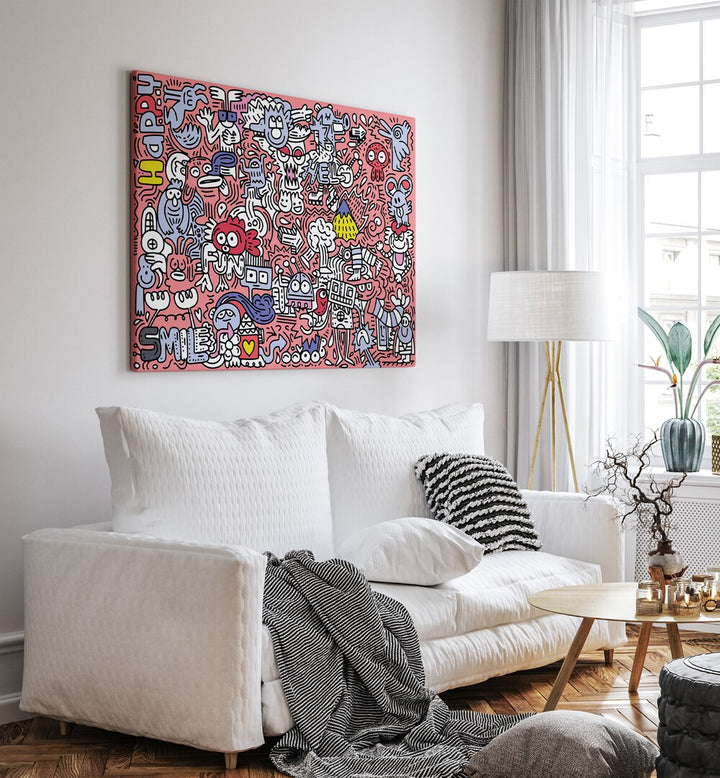 Vibrant PINK DOODLE, DOODLE ART PAINTINGS brighten modern spaces, perfect for home or office decor.