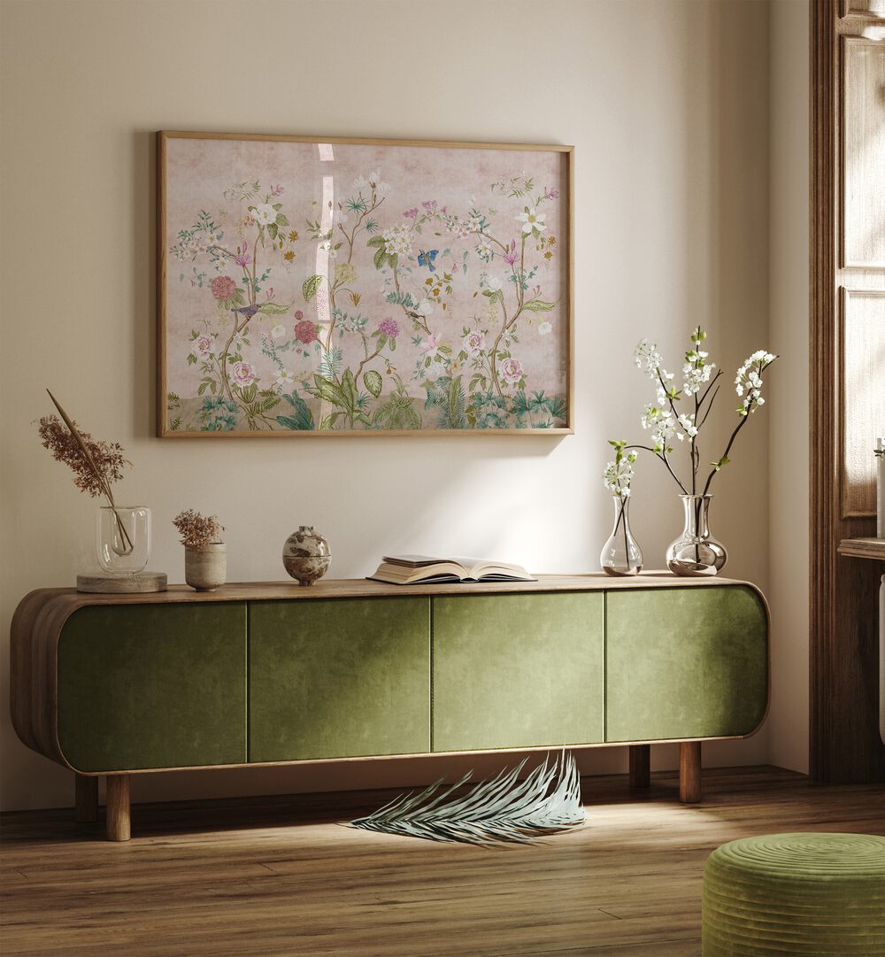 Vibrant PINK FLORAL, INDIAN ART PAINTINGS enhancing a stylish interior with elegance and cultural richness.