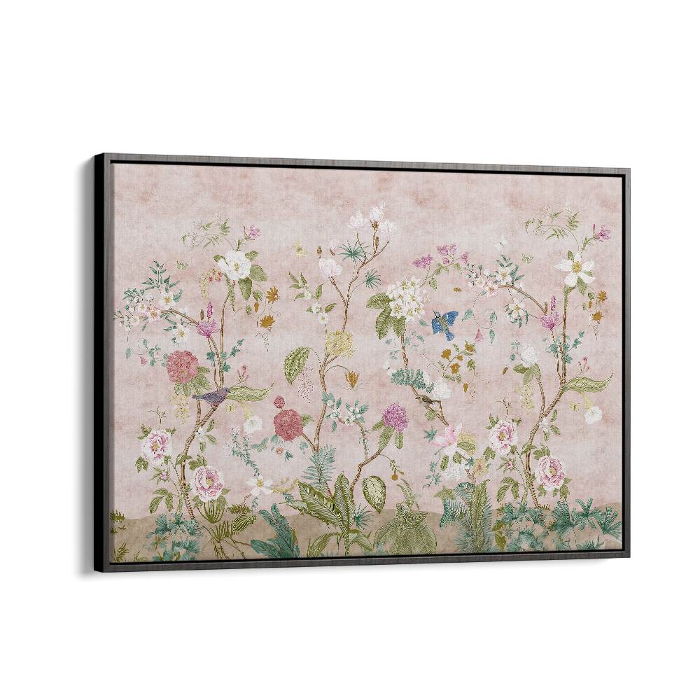Vibrant PINK FLORAL, INDIAN ART PAINTINGS in a black floater frame, perfect for elevating your decor.