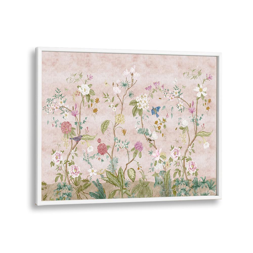 Elegant PINK FLORAL, INDIAN ART PAINTINGS in a white frame, showcasing vibrant Indian artistry for your decor.