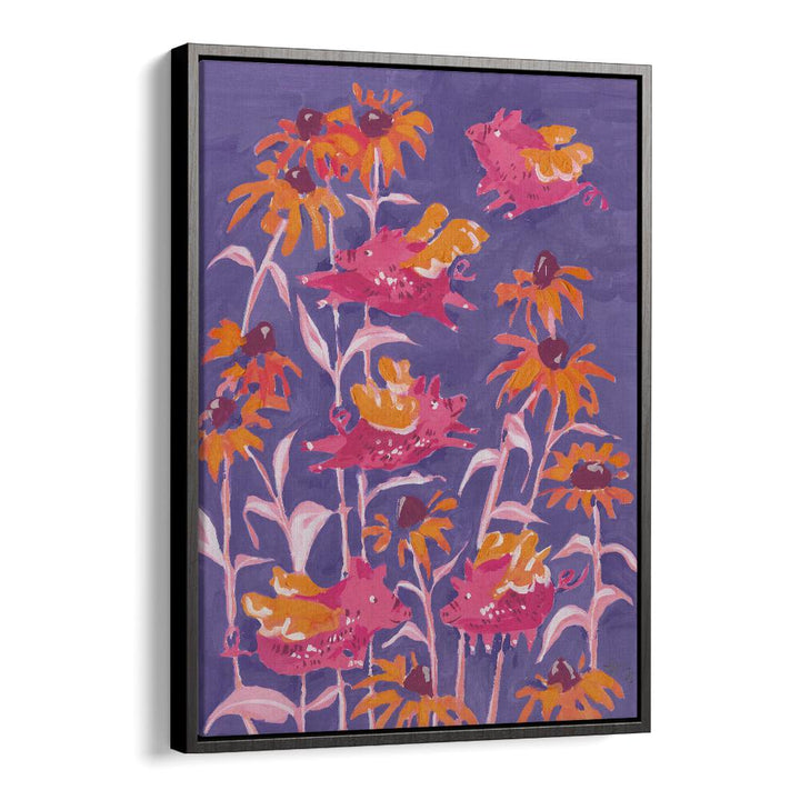 Pink Flying Piglets By Ania Zwara Botanical Flower Paintings Artwork  in Black Floater Frame