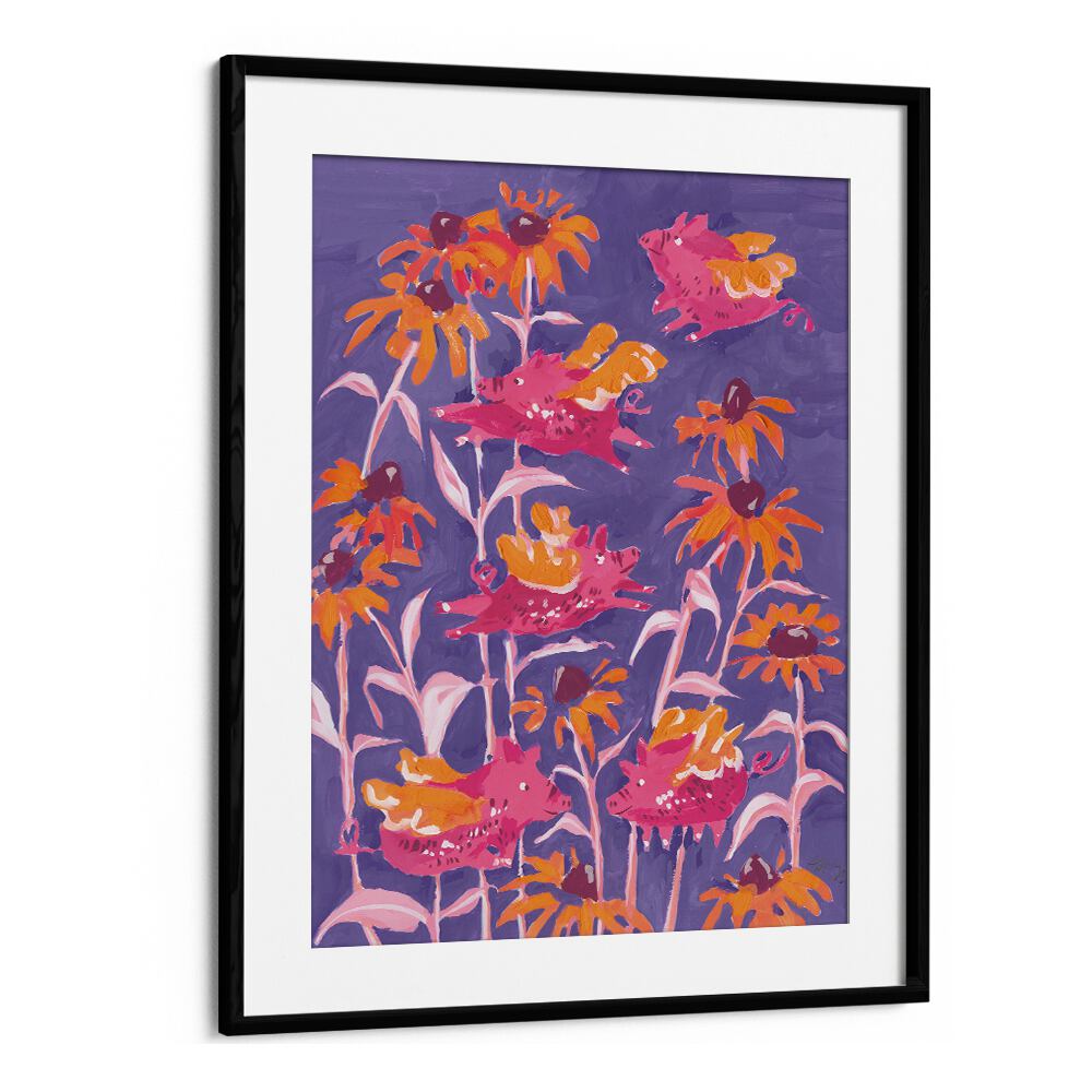 Pink Flying Piglets By Ania Zwara Botanical Flower Paintings Artwork  in Black Frame With Mount