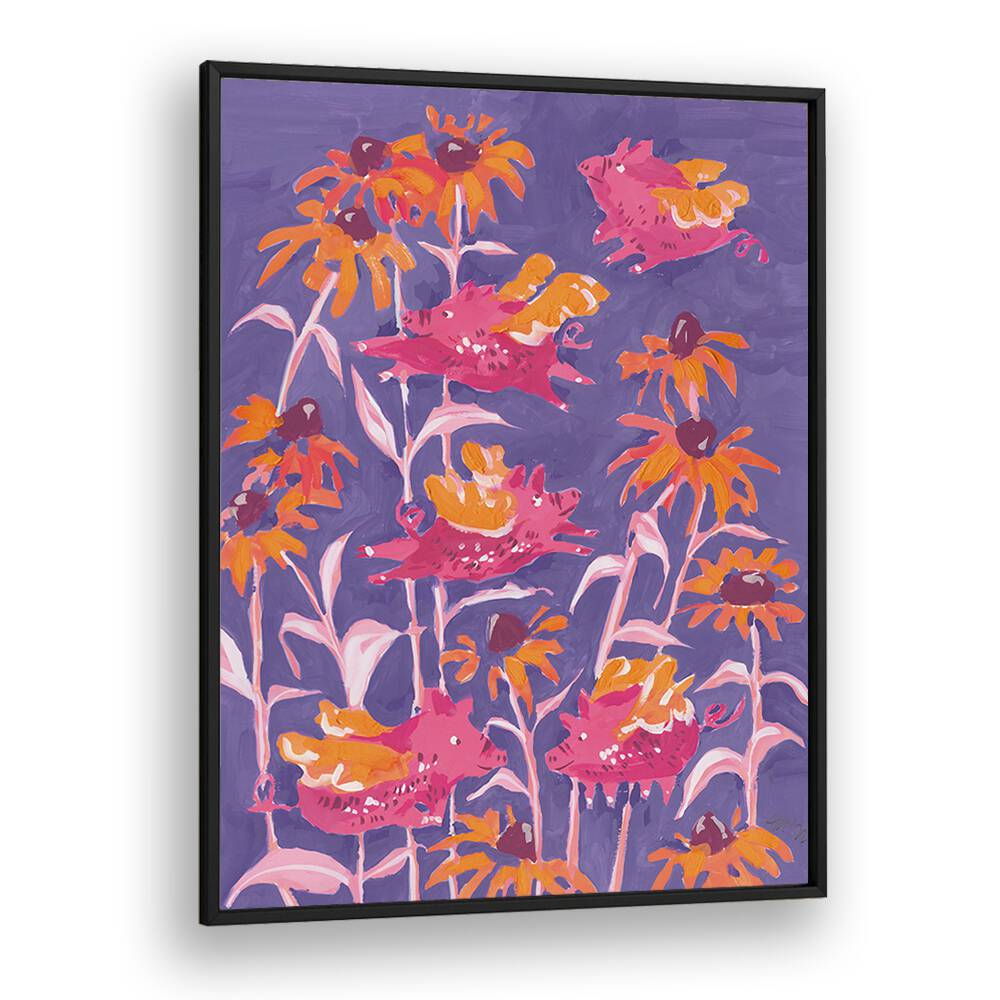 Pink Flying Piglets By Ania Zwara Botanical Flower Paintings Artwork  in Black Plain Frame