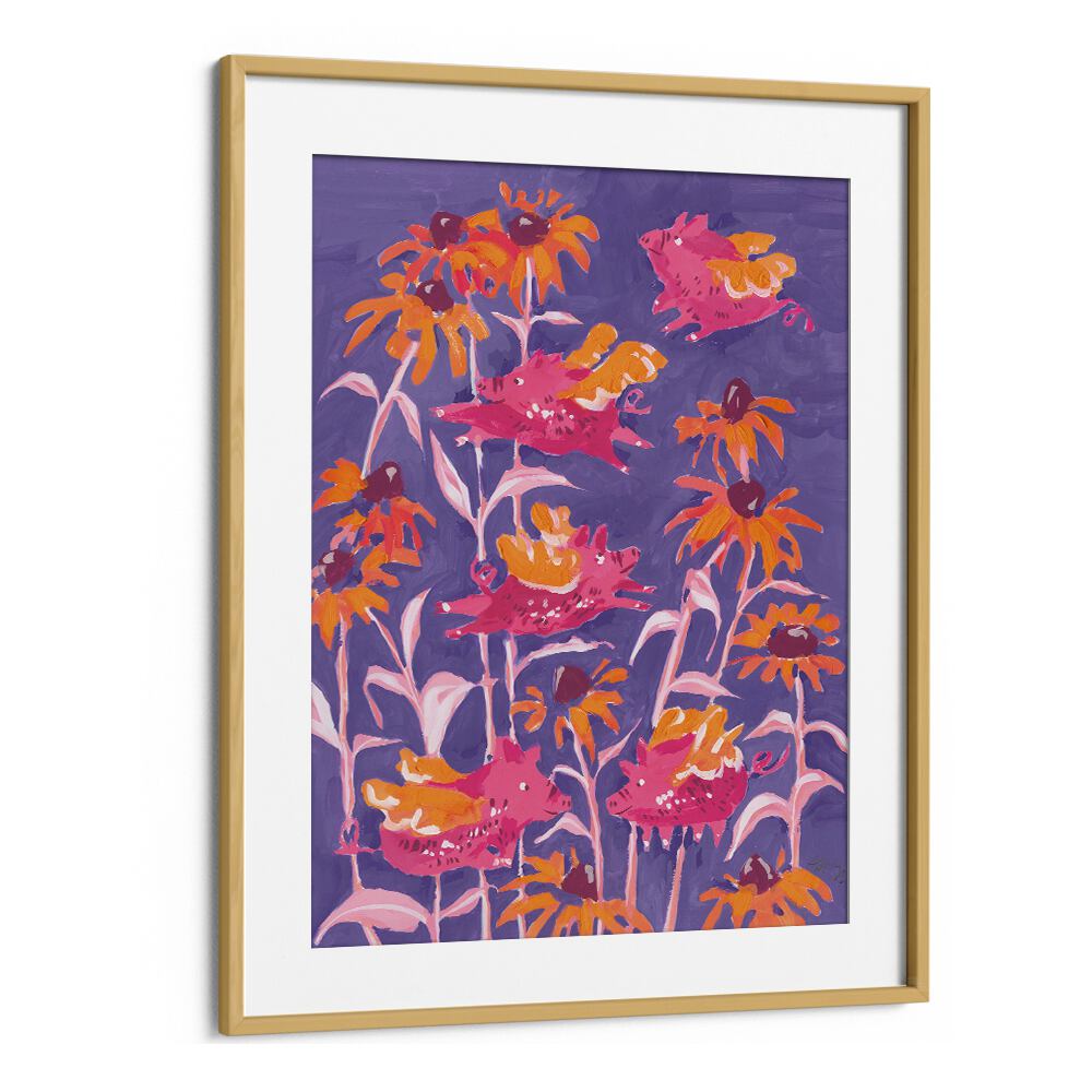 Pink Flying Piglets By Ania Zwara Botanical Flower Paintings Artwork in Oak Wood Frame With Mount
