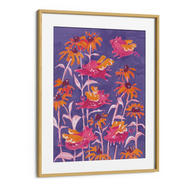 Pink Flying Piglets By Ania Zwara Botanical Flower Paintings Artwork in Oak Wood Frame With Mount