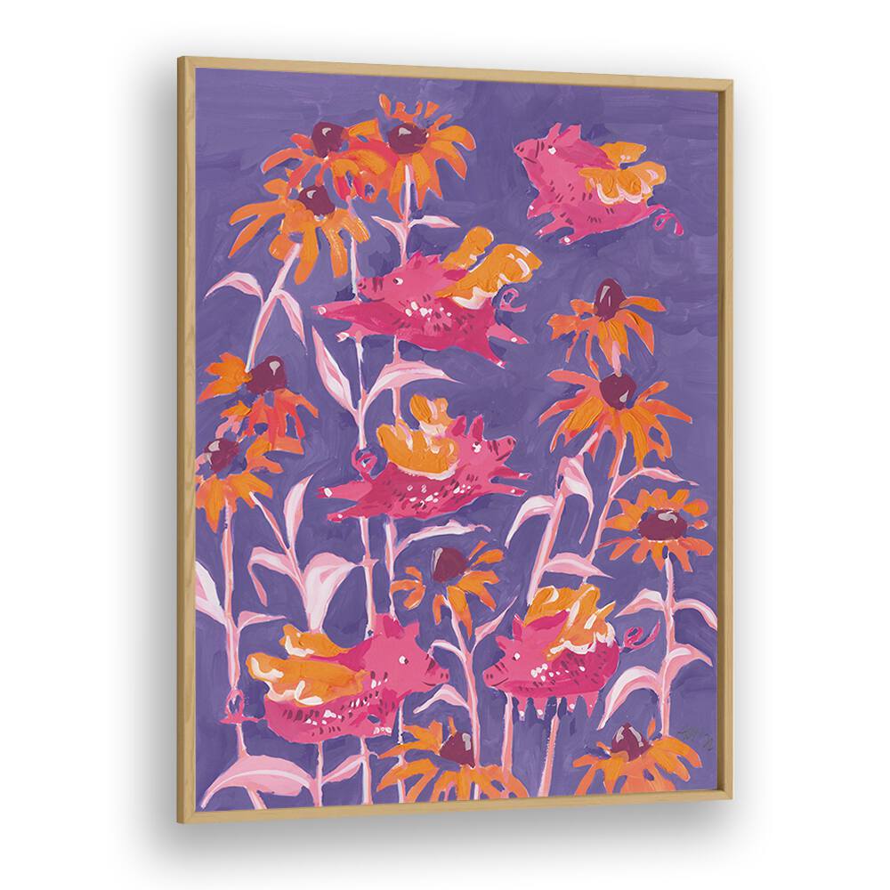 Pink Flying Piglets By Ania Zwara Botanical Flower Paintings Artwork in Oak Wood Plain Frame